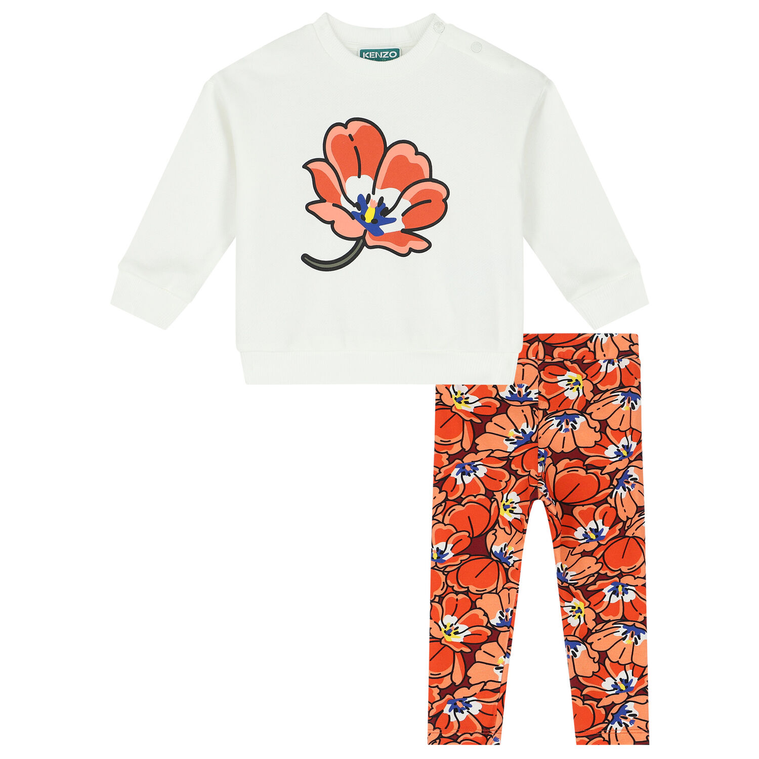 Younger Girls Ivory & Orange Boke Flower Leggings Set, 1, hi-res